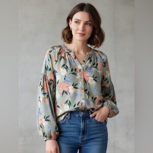 Women's Frye Floral Button Down Balloon Sleeve‎ Blouse Large Romantic Cute
